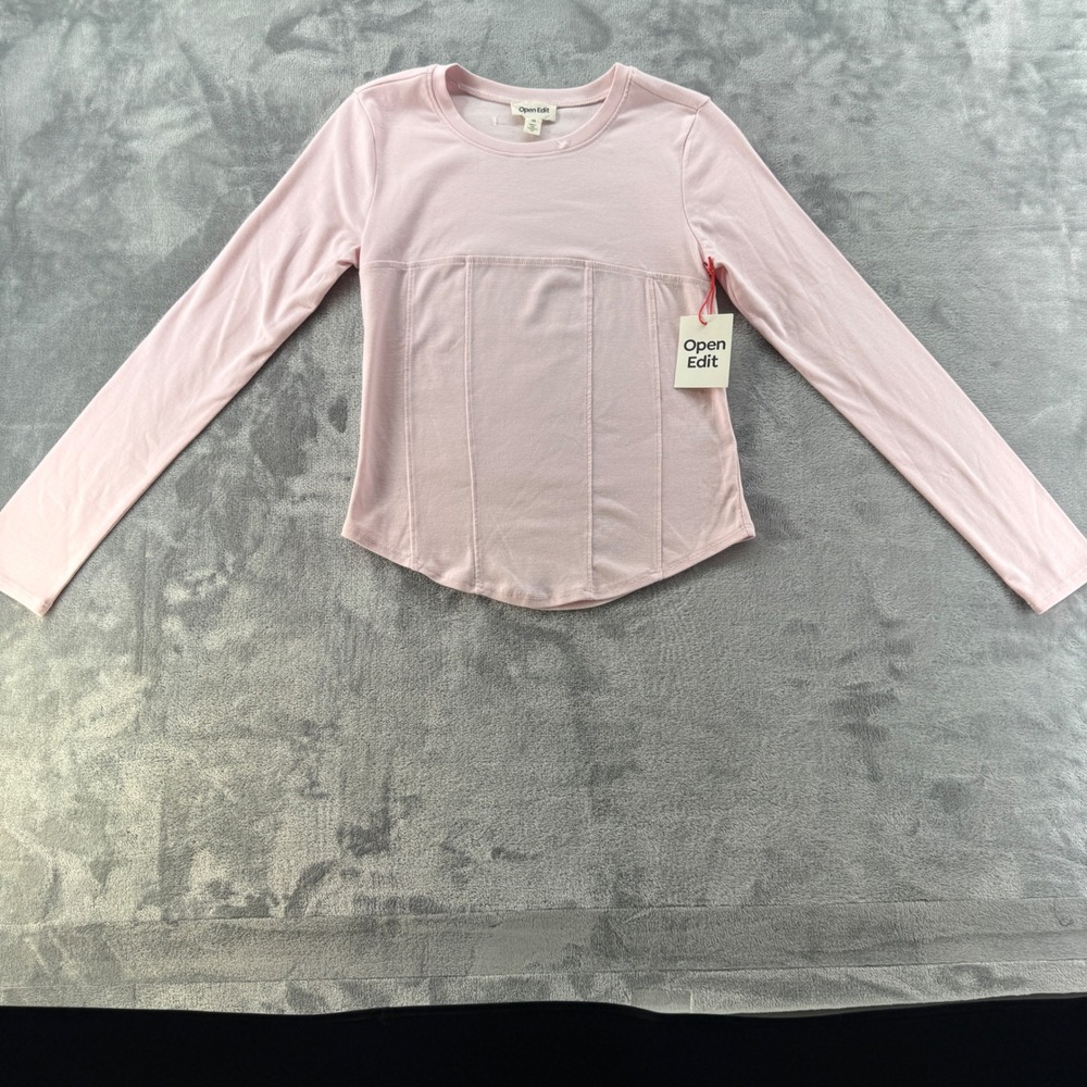 NWT Open Edit Pink Corset Seam Long Sleeve Top Curved Hem XS - Picture 2 of 8